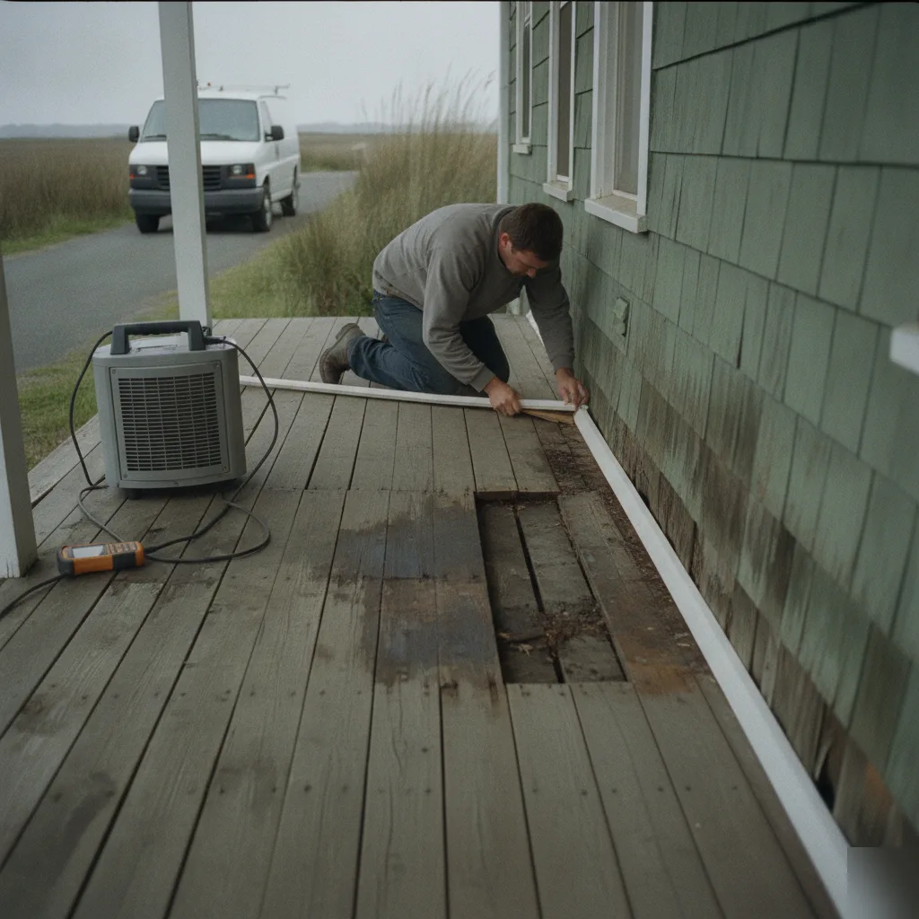 water-damage-restoration-alviso-marina-older-home-inspection Water damage restoration technician inspecting stained wood siding near Alviso Marina homes