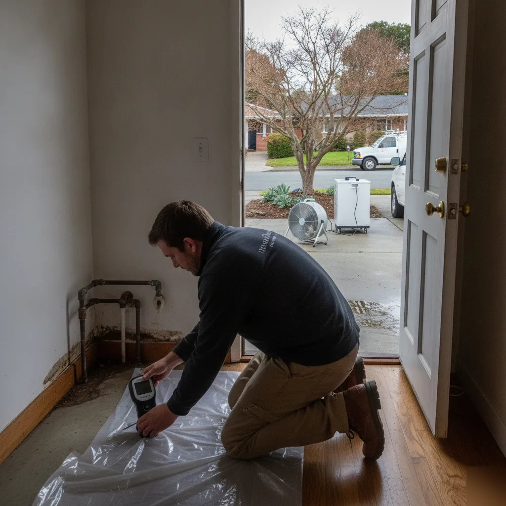 water-damage-restoration-cupertino-mid-century-ranch-slab Water damage restoration technician checks slab moisture in Cupertino mid-century ranch home