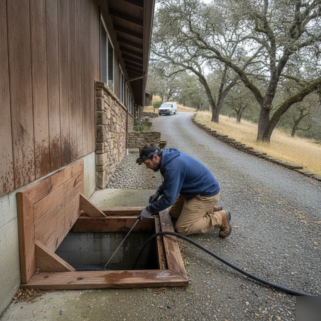 water-damage-restoration-los-altos-hills-hillside-home-crawlspace Technician inspecting crawl space water damage at a Los Altos Hills hillside home