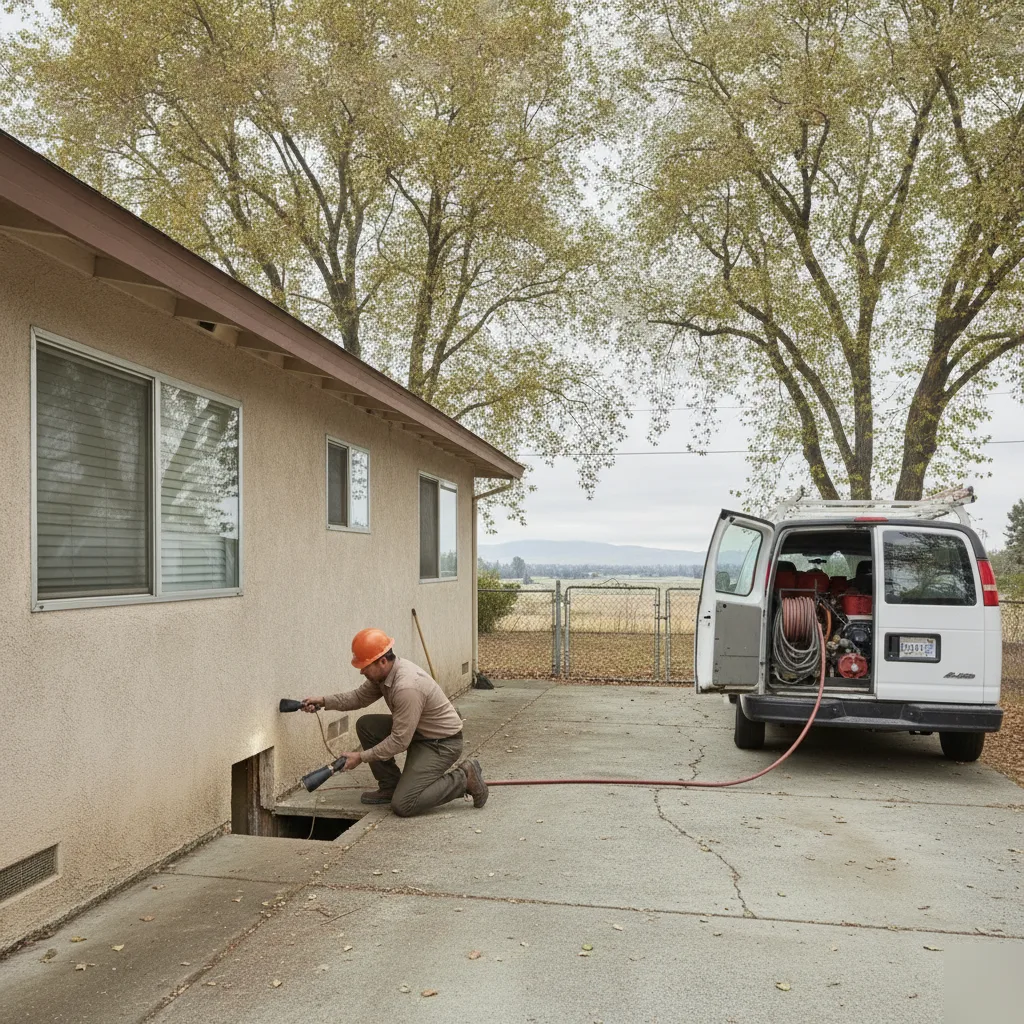 water-damage-restoration-milpitas-crawl-space-inspection Technician inspects crawl space moisture damage at older Milpitas single-family home