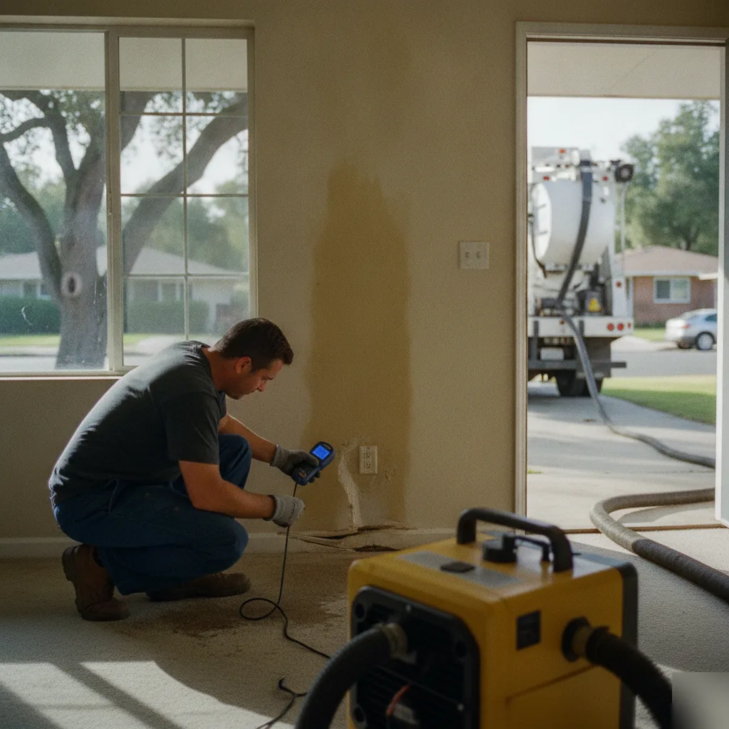 water-damage-restoration-mountain-view-ranch-home-interior Water damage restoration technician working in Mountain View CA ranch home interior