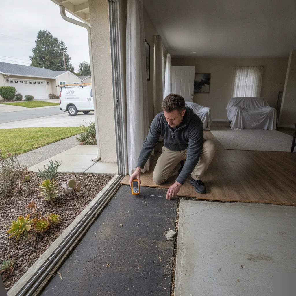 water-damage-restoration-sunnyvale-ranch-home-flooring Technician checks moisture in flooring of a Sunnyvale ranch home water damage restoration job