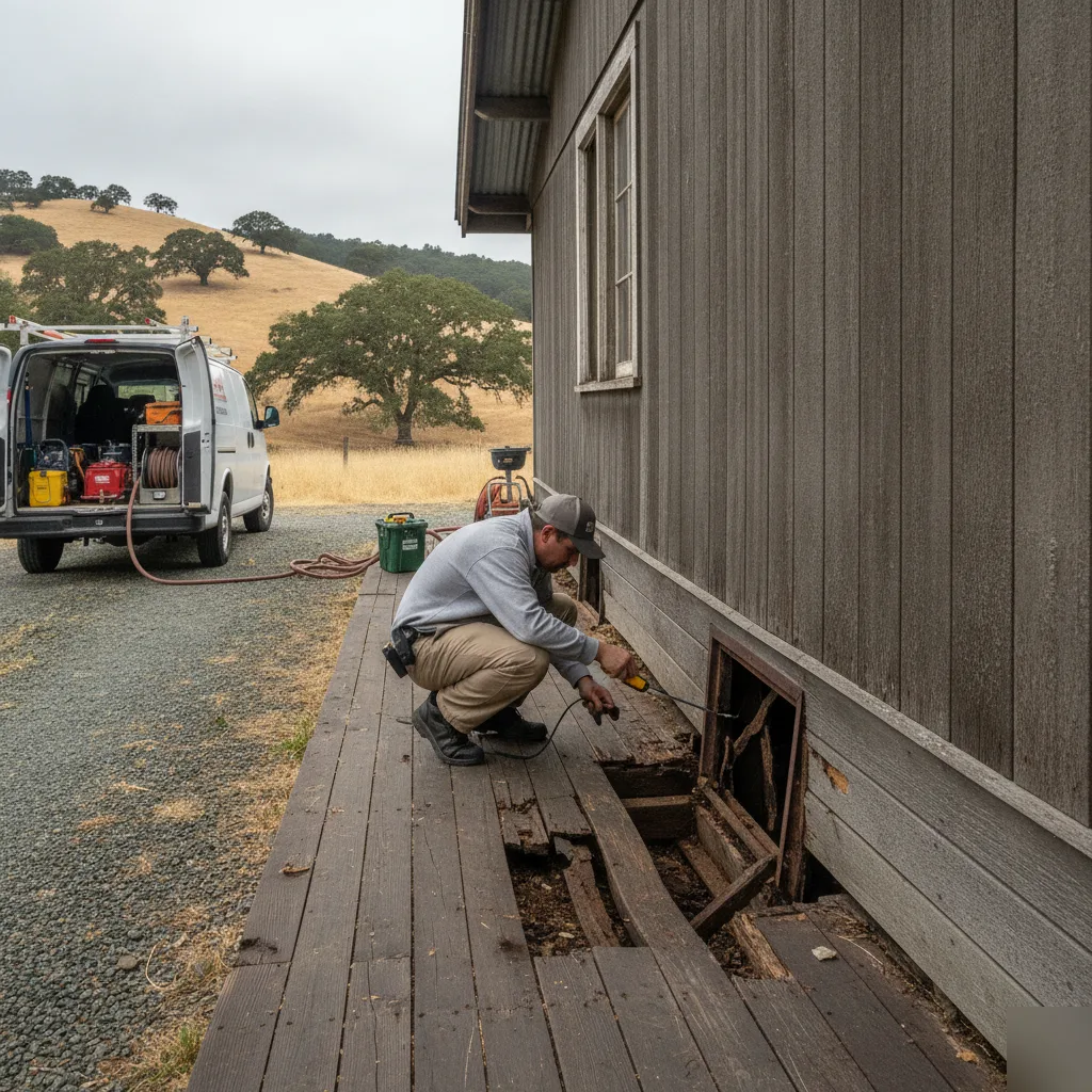 water-damage-restoration-sunol-creek-side-ranch-home Technician inspects water damage at rural ranch home foundation near Sunol creek property